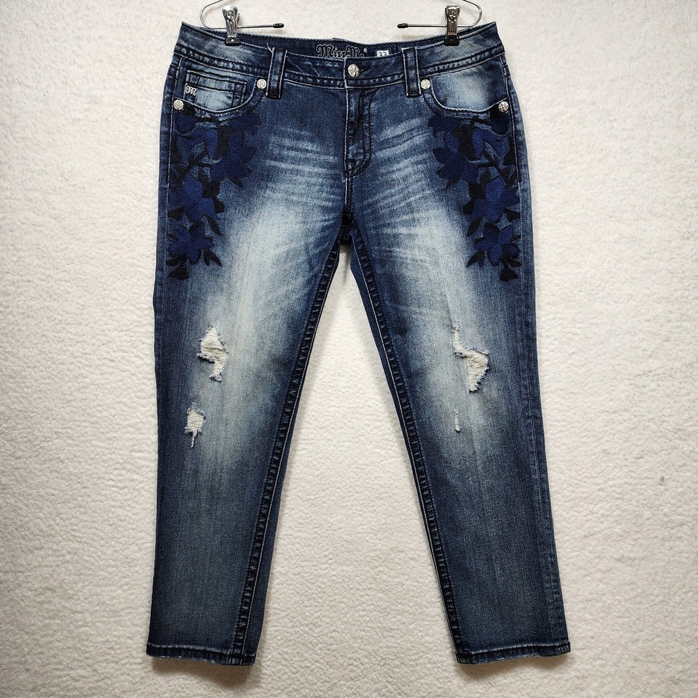Miss Me Signature Skinny Jeans Womens 33 Blue Floral Embroidered Distressed